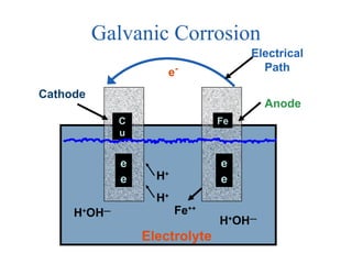Galvanic Corrosion e - Cu Fe Electrical Path Cathode Anode Electrolyte Fe ++ H + H + H + OH — H + OH — e e e e 