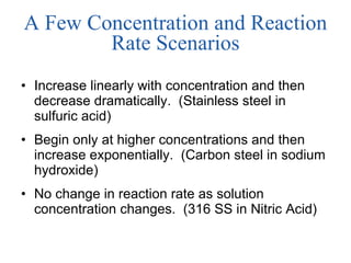 A Few Concentration and Reaction Rate Scenarios Increase linearly with concentration and then decrease dramatically.  (Stainless steel in sulfuric acid) Begin only at higher concentrations and then increase exponentially.  (Carbon steel in sodium hydroxide) No change in reaction rate as solution concentration changes.  (316 SS in Nitric Acid) 