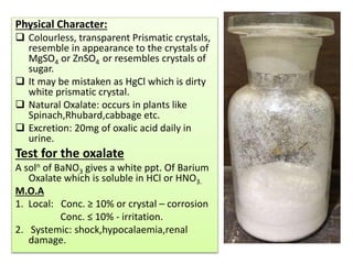 Physical Character:
 Colourless, transparent Prismatic crystals,
resemble in appearance to the crystals of
MgSO4 or ZnSO4 or resembles crystals of
sugar.
 It may be mistaken as HgCl which is dirty
white prismatic crystal.
 Natural Oxalate: occurs in plants like
Spinach,Rhubard,cabbage etc.
 Excretion: 20mg of oxalic acid daily in
urine.
Test for the oxalate
A soln of BaNO3 gives a white ppt. Of Barium
Oxalate which is soluble in HCl or HNO3.
M.O.A
1. Local: Conc. ≥ 10% or crystal – corrosion
Conc. ≤ 10% - irritation.
2. Systemic: shock,hypocalaemia,renal
damage.
 