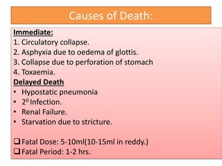 Causes of Death:
Immediate:
1. Circulatory collapse.
2. Asphyxia due to oedema of glottis.
3. Collapse due to perforation of stomach
4. Toxaemia.
Delayed Death
• Hypostatic pneumonia
• 20 Infection.
• Renal Failure.
• Starvation due to stricture.
Fatal Dose: 5-10ml(10-15ml in reddy.)
Fatal Period: 1-2 hrs.
 