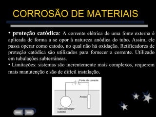 CORROSÃO DE MATERIAIS proteção catódica :  A corrente elétrica de uma fonte externa é aplicada de forma a se opor à natureza anódica do tubo. Assim, ele passa operar como catodo, no qual não há oxidação. Retificadores de proteção catódica são utilizados para fornecer a corrente. Utilizado em tubulações subterrâneas. Limitações: sistemas são inerentemente mais complexos, requerem mais manutenção e são de difícil instalação . 