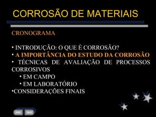 CORROSÃO DE MATERIAIS CRONOGRAMA INTRODUÇÃO: O QUE É CORROSÃO? A IMPORTÂNCIA DO ESTUDO DA CORROSÃO TÉCNICAS DE AVALIAÇÃO DE PROCESSOS CORROSIVOS  EM CAMPO  EM LABORATÓRIO CONSIDERAÇÕES FINAIS 