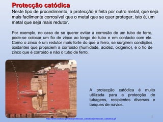 Protecção catódica
Neste tipo de procedimento, a protecção é feita por outro metal, que seja
mais facilmente corrosível que o metal que se quer proteger, isto é, um
metal que seja mais redutor.

Por exemplo, no caso de se querer evitar a corrosão de um tubo de ferro,
pode-se colocar um fio de zinco ao longo do tubo e em contacto com ele.
Como o zinco é um redutor mais forte do que o ferro, se surgirem condições
oxidantes que propiciem a corrosão (humidade, acidez, oxigénio), é o fio de
zinco que é corroído e não o tubo de ferro.




                                                            A protecção catódica é muito
                                                            utilizada para a protecção de
                                                            tubagens, recipientes diversos e
                                                            tanques de navios.

                                                                                         12
                  http://www.sodoca.pt/fotos/proteccao_catodica/proteccao_catodica.gif
 