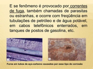 E se fenômeno é provocado por correntes 
de fuga, também chamadas de parasitas 
ou estranhas, e ocorre com freqüência em 
tubulações de petróleo e de água potável, 
em cabos telefônicos enterrados, em 
tanques de postos de gasolina, etc. 
Furos em tubos de aço-carbono causados por esse tipo de corrosão 
 