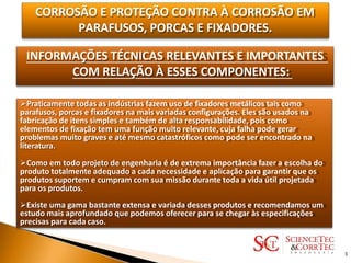 CORROSÃO E PROTEÇÃO CONTRA À CORROSÃO EM
PARAFUSOS, PORCAS E FIXADORES.
INFORMAÇÕES TÉCNICAS RELEVANTES E IMPORTANTES
COM RELAÇÃO À ESSES COMPONENTES:
Praticamente todas as indústrias fazem uso de fixadores metálicos tais como
parafusos, porcas e fixadores na mais variadas configurações. Eles são usados na
fabricação de itens simples e também de alta responsabilidade, pois como
elementos de fixação tem uma função muito relevante, cuja falha pode gerar
problemas muito graves e até mesmo catastróficos como pode ser encontrado na
literatura.
Como em todo projeto de engenharia é de extrema importância fazer a escolha do
produto totalmente adequado a cada necessidade e aplicação para garantir que os
produtos suportem e cumpram com sua missão durante toda a vida útil projetada
para os produtos.
Existe uma gama bastante extensa e variada desses produtos e recomendamos um
estudo mais aprofundado que podemos oferecer para se chegar às especificações
precisas para cada caso.
3
 