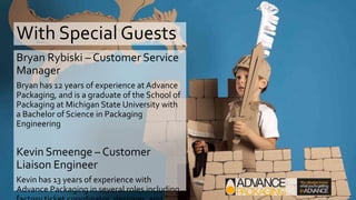 With Special Guests
Bryan Rybiski – Customer Service
Manager
Bryan has 12 years of experience at Advance Packaging,
and is a graduate of the School of Packaging at
Michigan State University with a Bachelor of Science in
Packaging Engineering
Kevin Smeenge – Customer Liaison
Engineer
Kevin has 13 years of experience with Advance
Packaging in several roles including factory ticket
coordinator, designer, and customer liaison engineer.
Kevin is a graduate of Western Michigan University
with a BS in industrial design
 