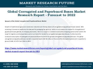 Global Corrugated and Paperboard Boxes Market
Research Report - Forecast to 2022
Synopsis of the Global Corrugated and Paperboard Boxes Market
Growth in food & beverages and e-commerce industries are the key drivers of corrugated and paperboard boxes market. With
increasing e-commerce platforms, the demand for packaging has gone up, which in turn induces the market for corrugated and
paperboard boxes globally. In emerging economies, there is a surge in e-commerce and online shopping portals which widens the
scope for logistics and transportation and in turn fuels the market for corrugated and paperboard boxes. Furthermore the
increased consumption of packaged and processed foods has led to the growth corrugated and paperboard boxes. The global
corrugated and paperboard boxes market is expected reach USD XX million at the end of the forecasted period and is expected to
grow at CAGR of X.X% from 2016 to 2022.
https://www.marketresearchfuture.com/reports/global-corrugated-and-paperboard-boxes-
market-research-report-forecast-to-2022
 