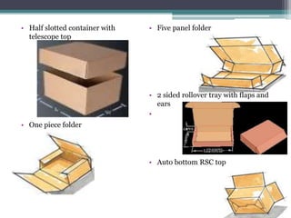 • Half slotted container with
telescope top
• One piece folder
• Five panel folder
• 2 sided rollover tray with flaps and
ears
•
• Auto bottom RSC top
 