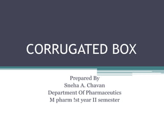 CORRUGATED BOX
Prepared By
Sneha A. Chavan
Department Of Pharmaceutics
M pharm !st year II semester
 