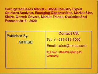 Corrugated Cases Market - Global Industry Expert
Opinions Analysis, Emerging Opportunities, Market Size,
Share, Growth Drivers, Market Trends, Statistics And
Forecast 2015 - 2020
Published By:
MRRSE
Contact US:
Tel: +1-518-618-1030
Email: sales@mrrse.com
Toll Free : 866-997-4948 (US-
CANADA)
 