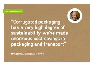 1 Nothing but benefits




        “Corrugated packaging
        has a very high degree of
        sustainability: we’ve made
        enormous cost savings in
        packaging and transport“
        Mr Kelderman, Spokesman at AVIKO
 