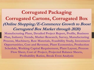 Corrugated Packaging
Corrugated Cartons, Corrugated Box
(Online Shopping/E-Commerce Growth to Boost
Corrugated Box Market through 2020)
Manufacturing Plant, Detailed Project Report, Profile, Business
Plan, Industry Trends, Market Research, Survey, Manufacturing
Process, Machinery, Raw Materials, Feasibility Study, Investment
Opportunities, Cost and Revenue, Plant Economics, Production
Schedule, Working Capital Requirement, Plant Layout, Process
Flow Sheet, Cost of Project, Projected Balance Sheets,
Profitability Ratios, Break Even Analysis
 