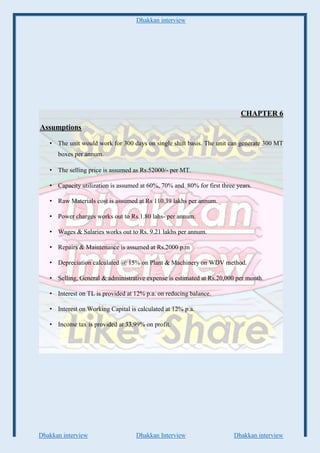 Dhakkan interview
Dhakkan interview Dhakkan Interview Dhakkan interview
CHAPTER 6
Assumptions
• The unit would work for 300 days on single shift basis. The unit can generate 300 MT
boxes per annum.
• The selling price is assumed as Rs.52000/- per MT.
• Capacity utilization is assumed at 60%, 70% and 80% for first three years.
• Raw Materials cost is assumed at Rs 110.39 lakhs per annum.
• Power charges works out to Rs.1.80 lahs- per annum.
• Wages & Salaries works out to Rs. 9.21 lakhs per annum.
• Repairs & Maintenance is assumed at Rs.2000 p.m
• Depreciation calculated @ 15% on Plant & Machinery on WDV method.
• Selling, General & administrative expense is estimated at Rs.20,000 per month.
• Interest on TL is provided at 12% p.a. on reducing balance.
• Interest on Working Capital is calculated at 12% p.a.
• Income tax is provided at 33.99% on profit.
 