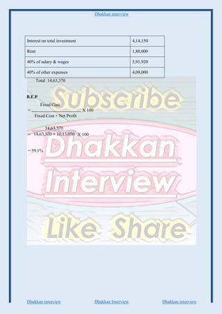 Dhakkan interview
Dhakkan interview Dhakkan Interview Dhakkan interview
Interest on total investment 4,14,150
Rent 1,80,000
40% of salary & wages 3,91,920
40% of other expenses 4,08,000
Total 14,63,370
B.E.P
Fixed Cost
= X 100
Fixed Cost + Net Profit
= X 100
= 59.1%
 