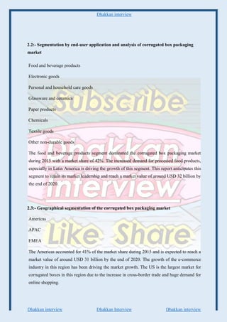 Dhakkan interview
Dhakkan interview Dhakkan Interview Dhakkan interview
2.2:- Segmentation by end-user application and analysis of corrugated box packaging
market
Food and beverage products
Electronic goods
Personal and household care goods
Glassware and ceramics
Paper products
Chemicals
Textile goods
Other non-durable goods
The food and beverage products segment dominated the corrugated box packaging market
during 2015 with a market share of 42%. The increased demand for processed food products,
especially in Latin America is driving the growth of this segment. This report anticipates this
segment to retain its market leadership and reach a market value of around USD 32 billion by
the end of 2020.
2.3:- Geographical segmentation of the corrugated box packaging market
Americas
APAC
EMEA
The Americas accounted for 41% of the market share during 2015 and is expected to reach a
market value of around USD 31 billion by the end of 2020. The growth of the e-commerce
industry in this region has been driving the market growth. The US is the largest market for
corrugated boxes in this region due to the increase in cross-border trade and huge demand for
online shopping.
 