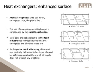 NPFP 3
Heat exchangers: enhanced surface
• Artificial roughness: wire coil insert,
corrugated tube, dimpled tube, …
• The ...