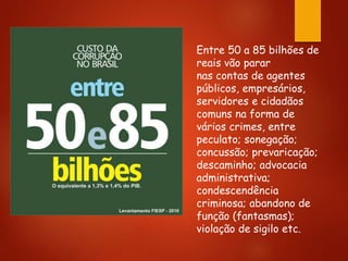 Entre 50 a 85 bilhões de
reais vão parar
nas contas de agentes
públicos, empresários,
servidores e cidadãos
comuns na forma de
vários crimes, entre
peculato; sonegação;
concussão; prevaricação;
descaminho; advocacia
administrativa;
condescendência
criminosa; abandono de
função (fantasmas);
violação de sigilo etc.
 