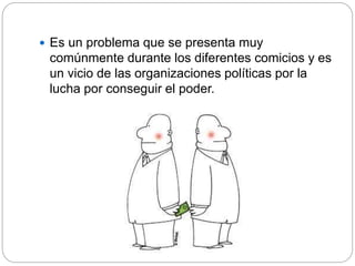  Es un problema que se presenta muy
comúnmente durante los diferentes comicios y es
un vicio de las organizaciones políticas por la
lucha por conseguir el poder.
 