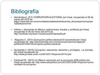 Bibliografía
 Hernández A. (S.F) CORRUPCIÓN ELECTORAL [en línea] recuperado el 26 de
marzo del 2015 de
https://www.iidh.ed.cr/comunidades/redelectoral/docs/red_diccionario/corrupcion
%20electoral.htm
 Infante J. elecciones en México: restricciones, fraudes y conflictos [en línea]
recuperado el 26 de marzo del 2015 de
http://confines.mty.itesm.mx/articulos2/InfanteJM.pdf
 Reguena C. (2014 )Corrupción político-electoral El economista [en línea)
recuperado de http://eleconomista.com.mx/columnas/columna-especial-
politica/2014/05/18/corrupcion-politico-electoral
 Quintanilla V. (2015) Corrupción, elecciones, derechos y privilegios. La Jornada
[en línea] recuperado de:
http://www.jornada.unam.mx/2015/01/16/opinion/017a1pol
 Carbonell M. (2012) Un México carcomido por la corrupción ADN político [en
línea] recuperado de: http://www.adnpolitico.com/2012/2012/08/14/opinion-como-
combatir-la-corrupcion
 