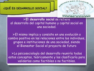 ¿QUÉ ES DESARROLLO SOCIAL?

El desarrollo social se refiere
al desarrollo del capital humano y capital social en
una sociedad.
El mismo implica y consiste en una evolución o
cambio positivo en las relaciones entre los individuos,
grupos e instituciones de una sociedad, siendo
el Bienestar Social el proyecto de futuro
La psicosociología del desarrollo reuniría todos
estos conceptos, teóricamente y los clasificaría para
validarlos como factibles o no factibles.

 