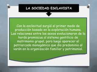 LA SOCIEDAD ESCLAVISTA

Con la esclavitud surgió el primer modo de
producción basado en la explotación humana.
Las relaciones entre los sexos evolucionaron de la
horda promiscua al sistema gentilicio de
matrimonio grupal, para luego aparecer el
patriarcado monogámico que dio predominio al
varón en la organización familiar y patrimonial.

 