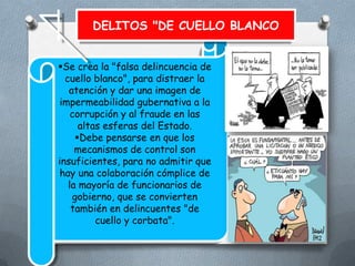 DELITOS "DE CUELLO BLANCO
Se crea la "falsa delincuencia de
cuello blanco", para distraer la
atención y dar una imagen de
impermeabilidad gubernativa a la
corrupción y al fraude en las
altas esferas del Estado.
Debe pensarse en que los
mecanismos de control son
insuficientes, para no admitir que
hay una colaboración cómplice de
la mayoría de funcionarios de
gobierno, que se convierten
también en delincuentes "de
cuello y corbata".

 