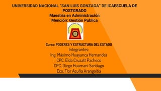 Curso: PODERES Y ESTRUCTURA DEL ESTADO
Integrantes:
Ing. Máximo Huayanca Hernandez
CPC. Elda Cruzatt Pacheco
CPC. Diego Huamani Santiago
Eco. Flor Acuña Arangoitia
UNIVERSIDAD NACIONAL “SAN LUIS GONZAGA” DE ICAESCUELA DE
POSTGRADO
Maestría en Administración
Mención: Gestión Publica
 