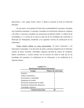 aproximarse a este campo (Véase Anexo 4 donde se presenta la Guía de Entrevista
utilizada).

        En este marco, se levantaron 20 entrevistas en profundidad (4 a personas vinculadas
con el gobierno municipal, 5 a personas vinculadas con instituciones educativas, religiosas
y de salud, 3 a personas vinculadas con asociaciones de diferente índole, 3 a lideres de las
comunidades y 5 a vecinos de la zona) en cada una de las localidades que conforman el
Municipio de Tlalnepantla, atendiendo a los siguientes criterios de clasificación de los
informantes:

        Primer criterio: habitar en zonas seleccionadas. Se buscó entrevistar a los
funcionarios municipales, a los del centro de salud, a personas integrantes de los diferentes
comités de apoyo existentes, autoridades religiosas, personal de centros de enseñanza,
lideres comunitarios y vecinos usuarios de los servicios de salud en cada una de las
localidades del municipio. La distribución de los informantes se ha establecido de la
siguiente manera.


                                       Cuadro Nº 3
                           Distribución del total de informantes
                            Grupos                   Número de entrevistas
               Usuarios                                         5
               Líderes comunitarios                             3
               Funcionarios y autoridades                       4
               Integrantes de comités                           3
               Personal de instituciones de salud               2
               Personal de instituciones educativas             2
               Autoridades religiosas                           1
                              Total de entrevistas              20




                                            - 19 -
 