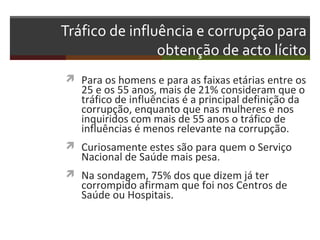 Tráfico de influência e corrupção para
obtenção de acto lícito
 Para os homens e para as faixas etárias entre os

25 e os 55 anos, mais de 21% consideram que o
tráfico de influências é a principal definição da
corrupção, enquanto que nas mulheres e nos
inquiridos com mais de 55 anos o tráfico de
influências é menos relevante na corrupção.

 Curiosamente estes são para quem o Serviço

Nacional de Saúde mais pesa.

 Na sondagem, 75% dos que dizem já ter

corrompido afirmam que foi nos Centros de
Saúde ou Hospitais.

 