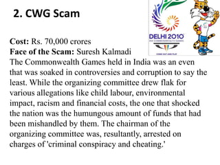 2. CWG Scam

Cost: Rs. 70,000 crores
Face of the Scam: Suresh Kalmadi
The Commonwealth Games held in India was an even
that was soaked in controversies and corruption to say the
least. While the organizing committee drew flak for
various allegations like child labour, environmental
impact, racism and financial costs, the one that shocked
the nation was the humungous amount of funds that had
been mishandled by them. The chairman of the
organizing committee was, resultantly, arrested on
charges of 'criminal conspiracy and cheating.'
 