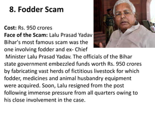 8. Fodder Scam

Cost: Rs. 950 crores
Face of the Scam: Lalu Prasad Yadav
Bihar's most famous scam was the
one involving fodder and ex- Chief
 Minister Lalu Prasad Yadav. The officials of the Bihar
state government embezzled funds worth Rs. 950 crores
by fabricating vast herds of fictitious livestock for which
fodder, medicines and animal husbandry equipment
were acquired. Soon, Lalu resigned from the post
following immense pressure from all quarters owing to
his close involvement in the case.
 