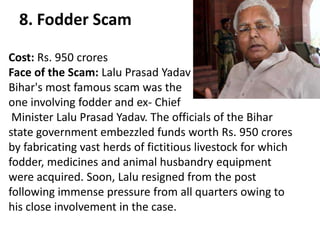 8. Fodder Scam

Cost: Rs. 950 crores
Face of the Scam: Lalu Prasad Yadav
Bihar's most famous scam was the
one involving fo...