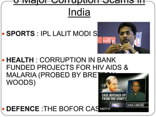 6 Major Corruption Scams in
              India
 SPORTS : IPL LALIT MODI SCAM



 HEALTH : CORRUPTION IN BANK
 FUNDED PROJECTS FOR HIV AIDS &
 MALARIA (PROBED BY BRETTON
 WOODS)


 DEFENCE :THE BOFOR CASE
 