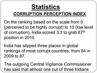 Statistics
     CORRUPTION PERCEPTION INDEX
On the ranking based on the scale from 0
(perceived to be highly corrupt) to 10 (low level
of corruption), India scored 3.3 to grab 87th
position in 2010.
India has slipped three places in global
rankings of most corrupt countries, from 84 in
2009 to 87.
The outgoing Central Vigilance Commissioner
has said that almost one out of three Indians
 