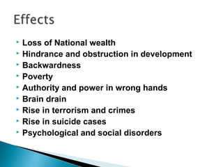 Loss of National wealth
 Hindrance and obstruction in development 
 Backwardness
 Poverty
 Authority and power in wrong hands
 Brain drain
 Rise in terrorism and crimes
 Rise in suicide cases
 Psychological and social disorders


 