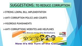 SUGGESTIONS: TO REDUCE CORRUPTION
STRONG LOKPAL BILL IMPLEMENTATION
ANTI CORRUPTION POLICE AND COURTS
VIGOROUS PUNISHMENTS
ANTI CORRUPTIONS WEBSITES AND HELPLINES
 