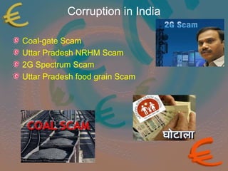 Corruption in India 
Coal-gate Scam 
Uttar Pradesh NRHM Scam 
2G Spectrum Scam 
Uttar Pradesh food grain Scam 
 