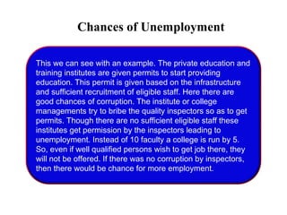 Chances of Unemployment
This we can see with an example. The private education and
training institutes are given permits to start providing
education. This permit is given based on the infrastructure
and sufficient recruitment of eligible staff. Here there are
good chances of corruption. The institute or college
managements try to bribe the quality inspectors so as to get
permits. Though there are no sufficient eligible staff these
institutes get permission by the inspectors leading to
unemployment. Instead of 10 faculty a college is run by 5.
So, even if well qualified persons wish to get job there, they
will not be offered. If there was no corruption by inspectors,
then there would be chance for more employment.
 