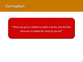 CorruptionCorruption
“When you go to a theatre to watch a movie, and find that
there are no tickets left, what do you do?”
4
 