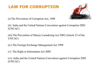 LAW FOR CORRUPTION
(i) The Prevention of Corruption Act, 1988
(ii) India and the United Nations Convention against Corruption 2003
(UNCAC)
(iii) The Prevention of Money Laundering Act 2002 (Article 23 of the
UNCAC)
(iv) The Foreign Exchange Management Act 1999
(v) The Right to Information Act 2005
(vi) India and the United Nations Convention against Corruption 2003
(UNCAC)
 
