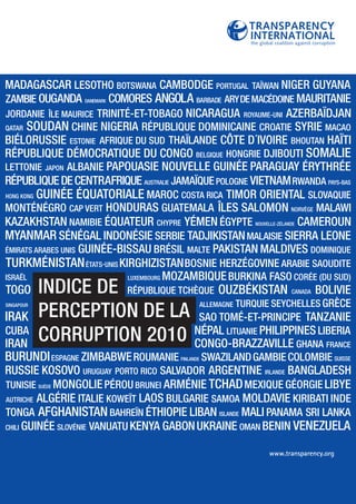 TRANSPARENCY
                   INTERNATIONAL
                   the global coalition against corruption




INDICE DE
PERCEPTION DE LA
CORRUPTION 2010




                            www.transparency.org
 