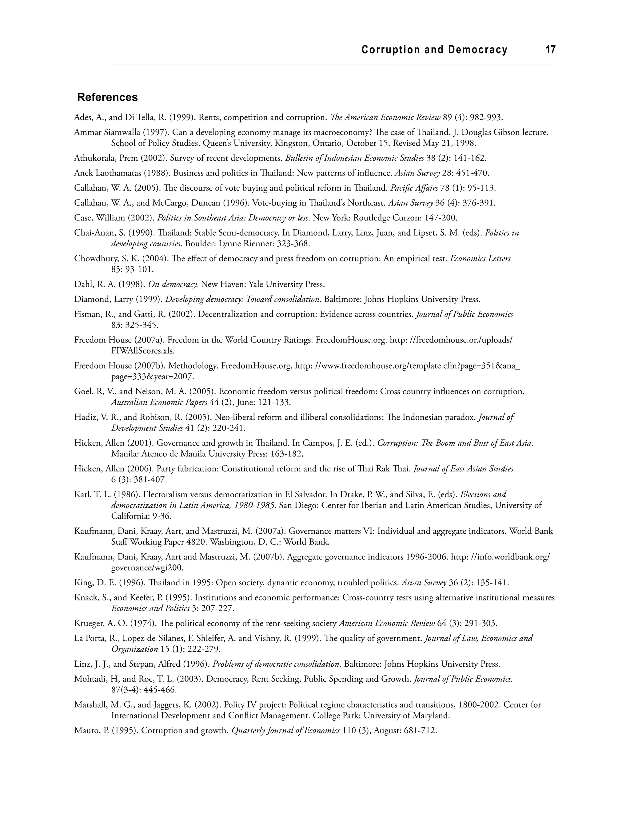 Corruption and Democracy 17
References
Ades, A., and Di Tella, R. (1999). Rents, competition and corruption. The American Economic Review 89 (4): 982-993.
Ammar Siamwalla (1997). Can a developing economy manage its macroeconomy? The case of Thailand. J. Douglas Gibson lecture.
School of Policy Studies, Queen’s University, Kingston, Ontario, October 15. Revised May 21, 1998.
Athukorala, Prem (2002). Survey of recent developments. Bulletin of Indonesian Economic Studies 38 (2): 141-162.
Anek Laothamatas (1988). Business and politics in Thailand: New patterns of influence. Asian Survey 28: 451-470.
Callahan, W. A. (2005). The discourse of vote buying and political reform in Thailand. Pacific Affairs 78 (1): 95-113.
Callahan, W. A., and McCargo, Duncan (1996). Vote-buying in Thailand’s Northeast. Asian Survey 36 (4): 376-391.
Case, William (2002). Politics in Southeast Asia: Democracy or less. New York: Routledge Curzon: 147-200.
Chai-Anan, S. (1990). Thailand: Stable Semi-democracy. In Diamond, Larry, Linz, Juan, and Lipset, S. M. (eds). Politics in
developing countries. Boulder: Lynne Rienner: 323-368.
Chowdhury, S. K. (2004). The effect of democracy and press freedom on corruption: An empirical test. Economics Letters
85: 93-101.
Dahl, R. A. (1998). On democracy. New Haven: Yale University Press.
Diamond, Larry (1999). Developing democracy: Toward consolidation. Baltimore: Johns Hopkins University Press.
Fisman, R., and Gatti, R. (2002). Decentralization and corruption: Evidence across countries. Journal of Public Economics
83: 325-345.
Freedom House (2007a). Freedom in the World Country Ratings. FreedomHouse.org. http: //freedomhouse.or./uploads/
FIWAllScores.xls.
Freedom House (2007b). Methodology. FreedomHouse.org. http: //www.freedomhouse.org/template.cfm?page=351&ana_
page=333&year=2007.
Goel, R, V., and Nelson, M. A. (2005). Economic freedom versus political freedom: Cross country influences on corruption.
Australian Economic Papers 44 (2), June: 121-133.
Hadiz, V. R., and Robison, R. (2005). Neo-liberal reform and illiberal consolidations: The Indonesian paradox. Journal of
Development Studies 41 (2): 220-241.
Hicken, Allen (2001). Governance and growth in Thailand. In Campos, J. E. (ed.). Corruption: The Boom and Bust of East Asia.
Manila: Ateneo de Manila University Press: 163-182.
Hicken, Allen (2006). Party fabrication: Constitutional reform and the rise of Thai Rak Thai. Journal of East Asian Studies
6 (3): 381-407
Karl, T. L. (1986). Electoralism versus democratization in El Salvador. In Drake, P. W., and Silva, E. (eds). Elections and
democratization in Latin America, 1980-1985. San Diego: Center for Iberian and Latin American Studies, University of
California: 9-36.
Kaufmann, Dani, Kraay, Aart, and Mastruzzi, M. (2007a). Governance matters VI: Individual and aggregate indicators. World Bank
Staff Working Paper 4820. Washington, D. C.: World Bank.
Kaufmann, Dani, Kraay, Aart and Mastruzzi, M. (2007b). Aggregate governance indicators 1996-2006. http: //info.worldbank.org/
governance/wgi200.
King, D. E. (1996). Thailand in 1995: Open society, dynamic economy, troubled politics. Asian Survey 36 (2): 135-141.
Knack, S., and Keefer, P. (1995). Institutions and economic performance: Cross-country tests using alternative institutional measures
Economics and Politics 3: 207-227.
Krueger, A. O. (1974). The political economy of the rent-seeking society American Economic Review 64 (3): 291-303.
La Porta, R., Lopez-de-Silanes, F. Shleifer, A. and Vishny, R. (1999). The quality of government. Journal of Law, Economics and
Organization 15 (1): 222-279.
Linz, J. J., and Stepan, Alfred (1996). Problems of democratic consolidation. Baltimore: Johns Hopkins University Press.
Mohtadi, H, and Roe, T. L. (2003). Democracy, Rent Seeking, Public Spending and Growth. Journal of Public Economics.
87(3-4): 445-466.
Marshall, M. G., and Jaggers, K. (2002). Polity IV project: Political regime characteristics and transitions, 1800-2002. Center for
International Development and Conflict Management. College Park: University of Maryland.
Mauro, P. (1995). Corruption and growth. Quarterly Journal of Economics 110 (3), August: 681-712.
 