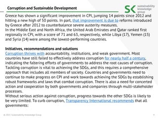 9
Greece has shown a significant improvement in CPI, jumping 14 points since 2012 and
hitting a new high of 50 points. In part, that improvement is due to reforms introduced
by Greece after 2012 to counterbalance severe austerity measures.
In the Middle East and North Africa, the United Arab Emirates and Qatar ranked first
regionally in CPI, with a score of 71 and 63, respectively, while Libya (17), Yemen (15)
and Syria (14) were among the lowest-performing countries.
Initiatives, recommendations and solutions
Corruption thrives with accountability, institutions, and weak government. Most
countries have still failed to effectively address corruption for nearly half a century,
indicating the faltering efforts of governments to address the root causes of corruption.
Tackling corruption is vital to achieving the SDGs, and this requires a comprehensive
approach that includes all members of society. Countries and governments need to
continue to make progress on CPI and work towards achieving the SDGs by establishing
robust frameworks and laws that combat corruption. There is also a need for concerted
action and cooperation by both governments and companies through multi-stakeholder
processes.
Without serious action against corruption, progress towards the other SDGs is likely to
be very limited. To curb corruption, Transparency International recommends that all
governments:
© 2021 Sustainability Knowledge Group
Corruption and Sustainable Development
 