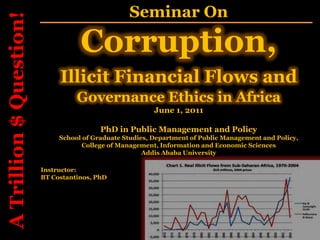 A Trillion $ Question!                            Seminar On

                                    Corruption,
                              Illicit Financial Flows and
                                   Governance Ethics in Africa
                                                          June 1, 2011

                                          PhD in Public Management and Policy
                              School of Graduate Studies, Department of Public Management and Policy,
                                     College of Management, Information and Economic Sciences
                                                       Addis Ababa University

                         Instructor:
                         BT Costantinos, PhD
 
