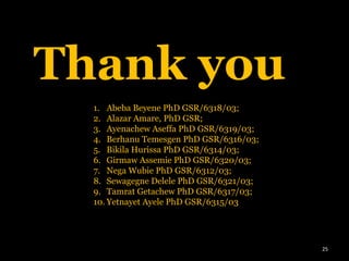 Thank you
  1. Abeba Beyene PhD GSR/6318/03;
  2. Alazar Amare, PhD GSR;
  3. Ayenachew Aseffa PhD GSR/6319/03;
  4. Berhanu Temesgen PhD GSR/6316/03;
  5. Bikila Hurissa PhD GSR/6314/03;
  6. Girmaw Assemie PhD GSR/6320/03;
  7. Nega Wubie PhD GSR/6312/03;
  8. Sewagegne Delele PhD GSR/6321/03;
  9. Tamrat Getachew PhD GSR/6317/03;
  10. Yetnayet Ayele PhD GSR/6315/03




                                         25
 