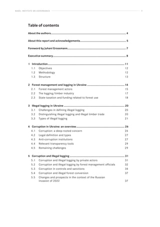 BASEL INSTITUTE ON GOVERNANCE 2
Table of contents
About the authors....................................................................................................... 4
About this report and acknowledgements............................................................... 5
Foreword by Juhani Grossmann................................................................................ 7
Executive summary.................................................................................................... 8
1 Introduction..........................................................................................................11
1.1 Objectives 12
1.2 Methodology 12
1.3 Structure 13
2 Forest management and logging in Ukraine....................................................14
2.1 Forest management actors 15
2.2 The logging/timber industry 17
2.3 State taxation and funding related to forest use 18
3 Illegal logging in Ukraine����������������������������������������������������������������������������������� 20
3.1 Challenges in defining illegal logging 20
3.2 Distinguishing illegal logging and illegal timber trade 20
3.3 Types of illegal logging 21
4 Corruption in Ukraine: an overview������������������������������������������������������������������ 26
4.1 Corruption: a deep-rooted concern 26
4.2 Legal definition and types 27
4.3 Anti-corruption institutions 27
4.4 Relevant transparency tools 29
4.5 Remaining challenges 29
5 Corruption and illegal logging��������������������������������������������������������������������������� 31
5.1 Corruption and illegal logging by private actors 31
5.2 Corruption and illegal logging by forest management officials 32
5.3 Corruption in controls and sanctions 34
5.4 Corruption and illegal forest conversion 37
5.5 Changes and prospects in the context of the Russian
invasion of 2022 37
 