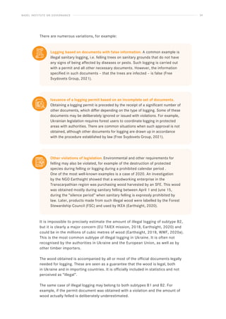 BASEL INSTITUTE ON GOVERNANCE 24
There are numerous variations, for example:
It is impossible to precisely estimate the amount of illegal logging of subtype B2,
but it is clearly a major concern (EU TAIEX mission, 2018, Earthsight, 2020) and
could be in the millions of cubic metres of wood (Earthsight, 2018, WWF, 2020a).
This is the most common subtype of illegal logging in Ukraine. It is often not
recognised by the authorities in Ukraine and the European Union, as well as by
other timber importers.
The wood obtained is accompanied by all or most of the official documents legally
needed for logging. These are seen as a guarantee that the wood is legal, both
in Ukraine and in importing countries. It is officially included in statistics and not
perceived as “illegal”.
The same case of illegal logging may belong to both subtypes B1 and B2. For
example, if the permit document was obtained with a violation and the amount of
wood actually felled is deliberately underestimated.
Logging based on documents with false information. A common example is
illegal sanitary logging, i.e. felling trees on sanitary grounds that do not have
any signs of being affected by diseases or pests. Such logging is carried out
with a permit and all other necessary documents. However, the information
specified in such documents – that the trees are infected – is false (Free
Svydovets Group, 2021).
Issuance of a logging permit based on an incomplete set of documents.
Obtaining a logging permit is preceded by the receipt of a significant number of
other documents, which differ depending on the type of logging. Some of these
documents may be deliberately ignored or issued with violations. For example,
Ukrainian legislation requires forest users to coordinate logging in protected
areas with authorities. There are common situations when such approval is not
obtained, although other documents for logging are drawn up in accordance
with the procedure established by law (Free Svydovets Group, 2021).
Other violations of legislation. Environmental and other requirements for
felling may also be violated, for example of the destruction of protected
species during felling or logging during a prohibited calendar period .
One of the most well-known examples is a case of 2020. An investigation
by the NGO Earthsight showed that a woodworking enterprise in the
Transcarpathian region was purchasing wood harvested by an SFE. This wood
was obtained mostly during sanitary felling between April 1 and June 15,
during the “silence period” when sanitary felling is expressly prohibited by
law. Later, products made from such illegal wood were labelled by the Forest
Stewardship Council (FSC) and used by IKEA (Earthsight, 2020).
 