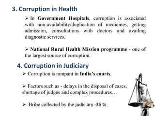 3. Corruption in Health
 In Government Hospitals, corruption is associated
with non-availability/duplication of medicines, getting
admission, consultations with doctors and availing
diagnostic services.
 National Rural Health Mission programme - one of
the largest source of corruption.
4. Corruption in Judiciary
 Corruption is rampant in India’s courts.
 Factors such as - delays in the disposal of cases,
shortage of judges and complex procedures…
 Bribe collected by the judiciary -36 %
 