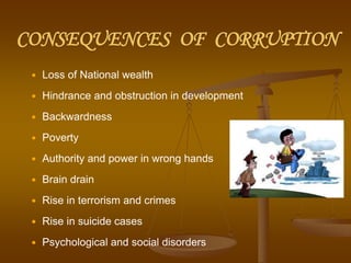 CONSEQUENCES OF CORRUPTION
 Loss of National wealth
 Hindrance and obstruction in development
 Backwardness
 Poverty
 Authority and power in wrong hands
 Brain drain
 Rise in terrorism and crimes
 Rise in suicide cases
 Psychological and social disorders
 