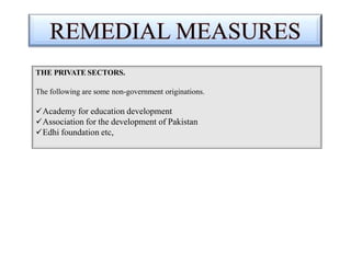 THE PRIVATE SECTORS.
The following are some non-government originations.
Academy for education development
Association for the development of Pakistan
Edhi foundation etc,
 